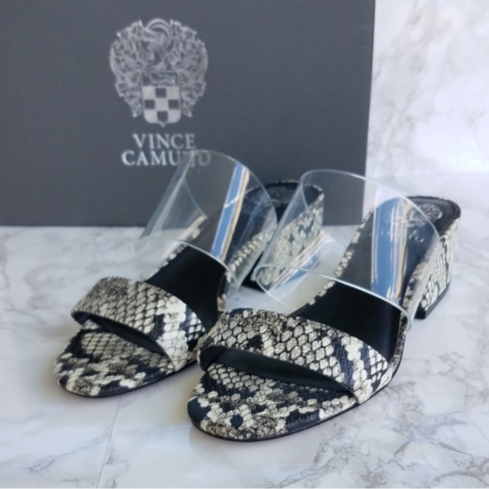 Vince Camuto Black and Cream Heels with Snakeskin Pattern